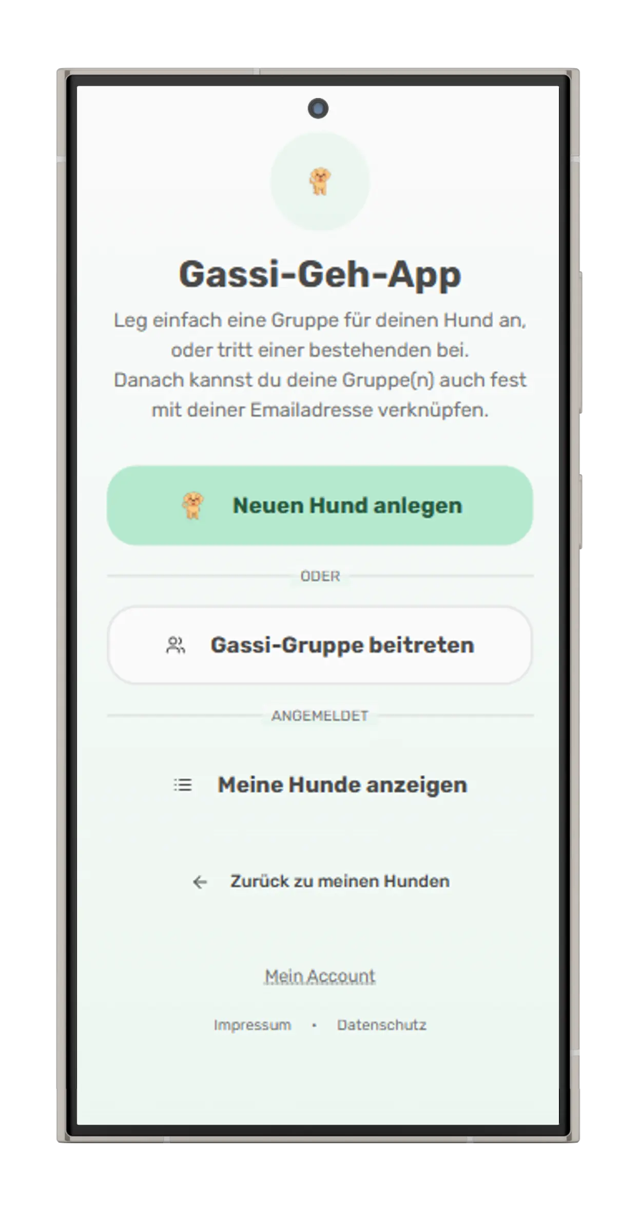 Hund anlegen - Setup Screen